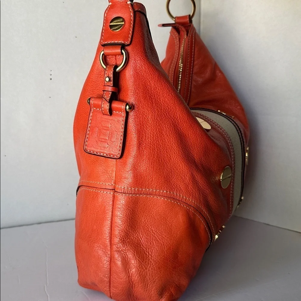 🔥 Milly Orange Coral Leather Carryall Hobo Shoulder Bag Gold Studs Suede Accent